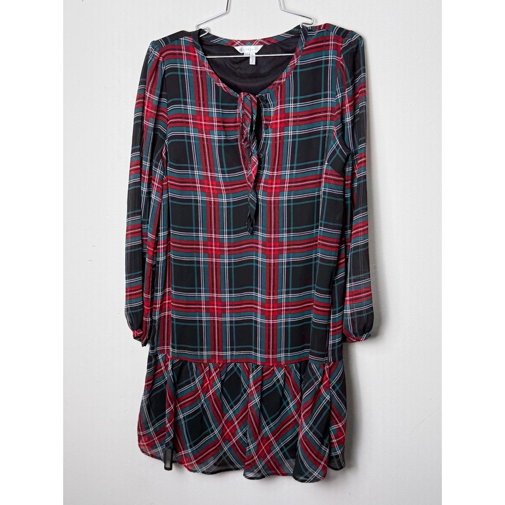 Draper James Womens Plaid Long Sleeve Tie Neck Ruffle Hem Dress XS